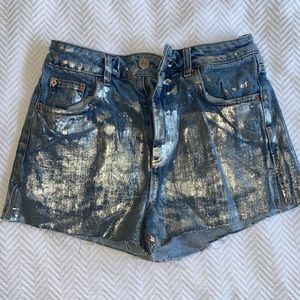 Topshop Silver Coated Denim Shorts 25